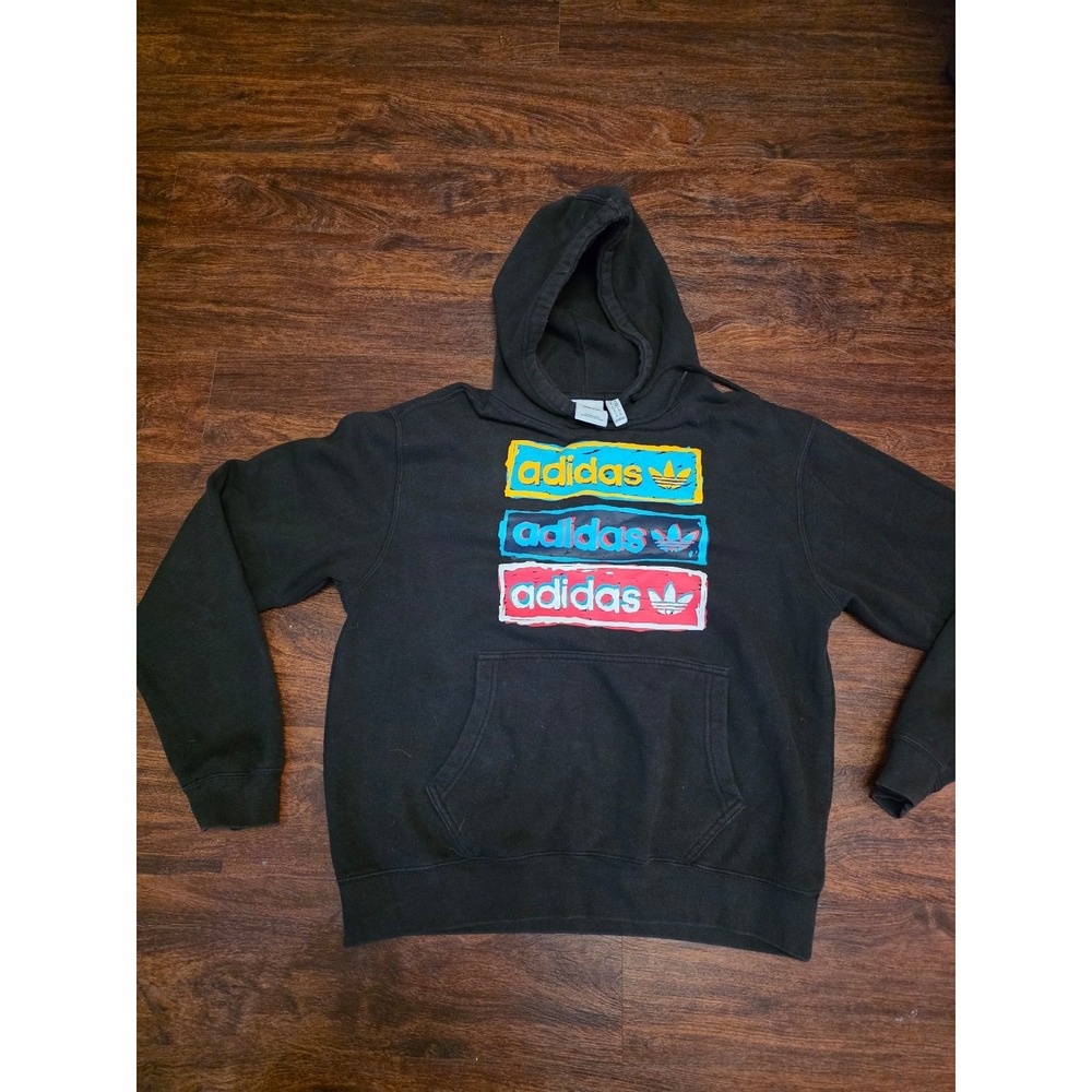 Adidas Originals Hoodie M Black Multicolor Trefoil Graphic Retro Y2K Streetwear